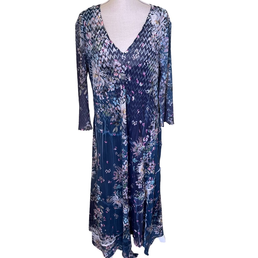Komarov Navy Blue with Watercolor Floral Print Charmuese Pleated V-Neck Dress